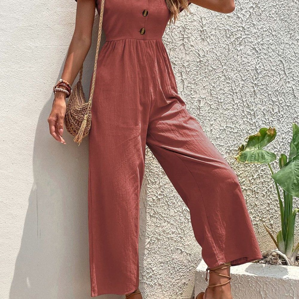 New Puff Sleeve Zip Back Jumpsuit Redwood - Picture 2 of 7